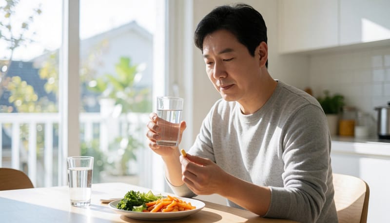 약과 음식을 시간 간격을 두고 섭취하는 모습