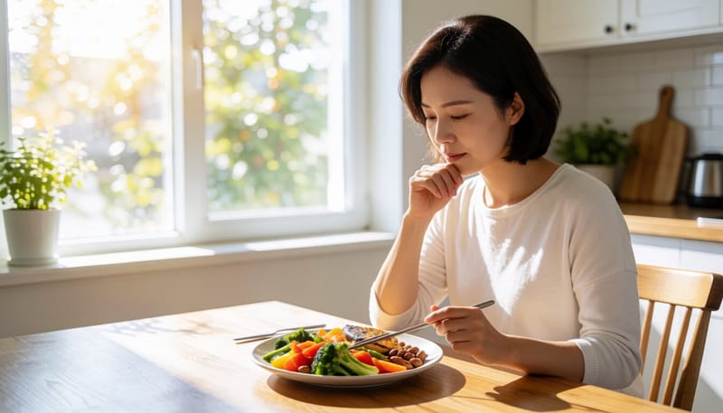 식탁에 놓인 채소와 견과류, 생선 반찬을 살펴보는 여성의 모습