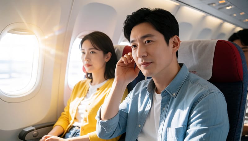 비행기에서 껌을 씹으며 귀를 만지는 승객