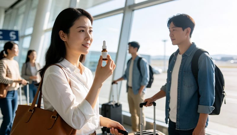 탑승 전 비강 스프레이를 사용하는 여성