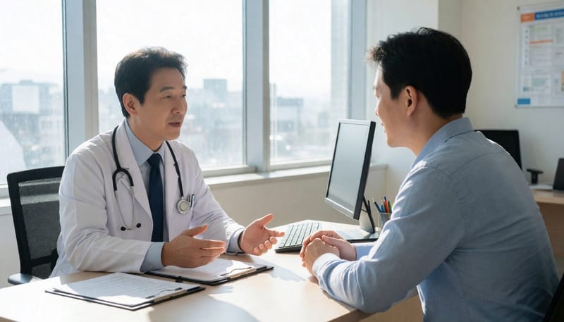 의사가 환자와 탈모 치료 상담을 하는 모습