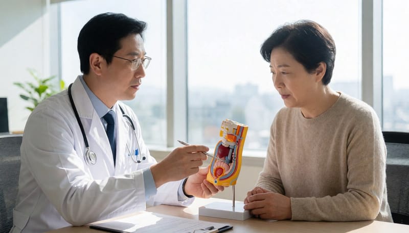 의사가 환자에게 대장 모형을 보여주며 설명하는 모습