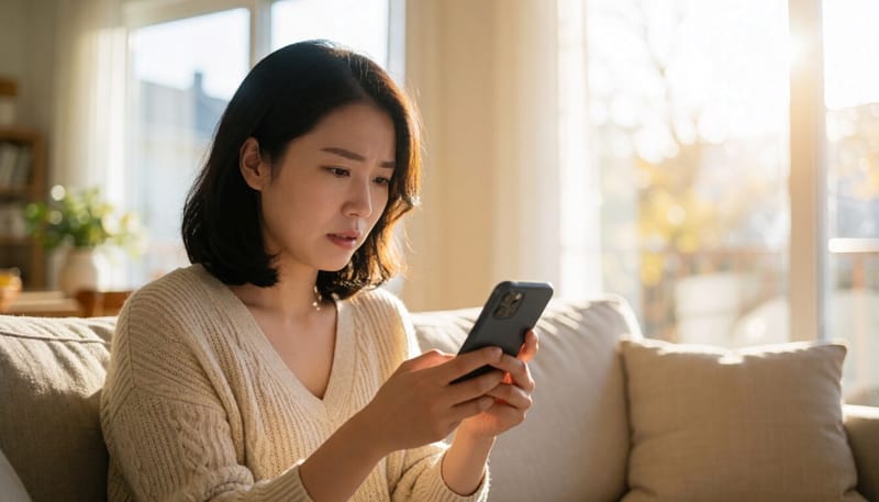 밤에 소파에 앉아 휴대폰을 보며 걱정스러운 표정을 짓는 한국인 여성