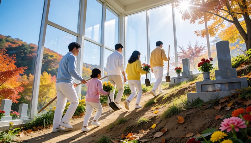 성묘를 위해 산길을 오르는 가족