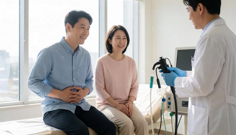 복통을 호소하며 진료실에서 진찰받는 남성의 모습