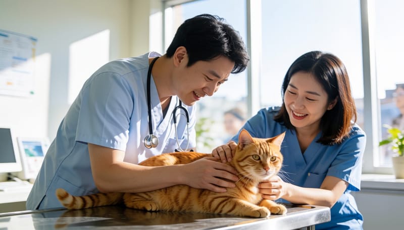 동물병원에서 진료받는 고양이