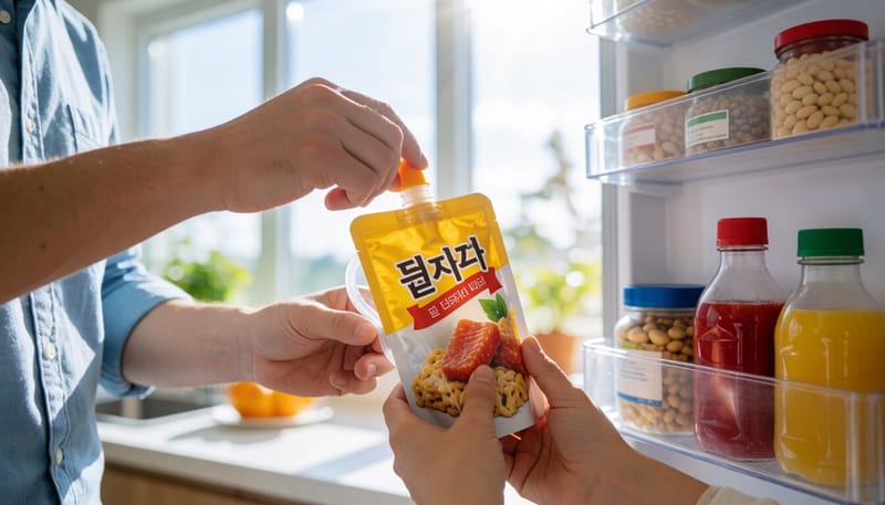 참치 간식을 밀폐용기에 담아 냉장고에 넣는 모습