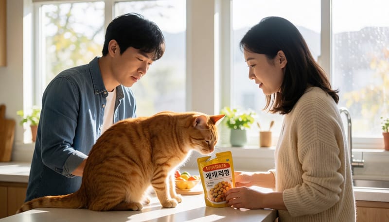 주방 조리대에 놓인 참치 간식과 이를 바라보는 고양이