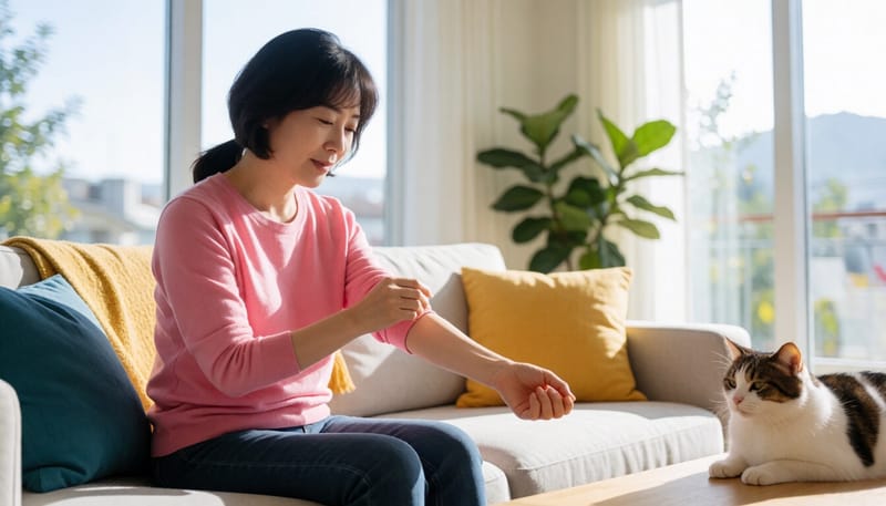 고양이에게 할퀸 팔뚝 상처를 살펴보는 여성