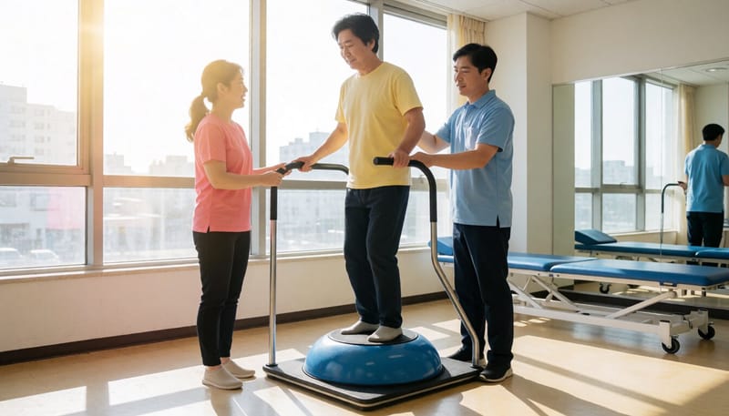 재활센터에서 보수볼로 균형 훈련을 하는 모습