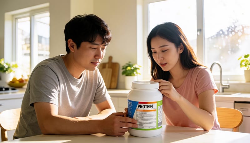 취침 전 단백질 파우더 성분표를 확인하는 여성