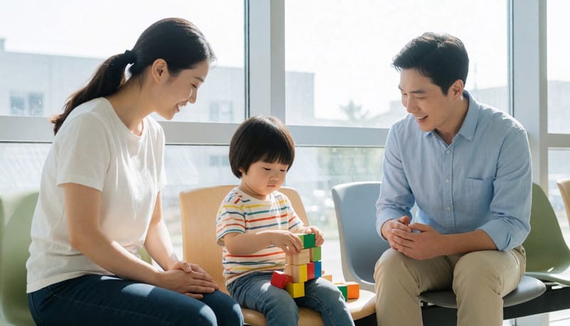 소아청소년과에서 발달 선별을 기다리는 아이와 부모
