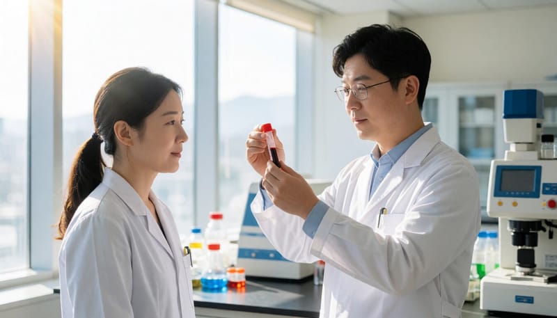 혈액 검체를 살펴보는 의료 연구원의 모습