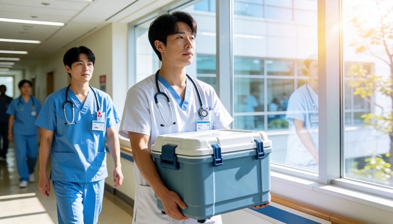 이식용 장기 운반 용기를 들고 이동하는 의료진