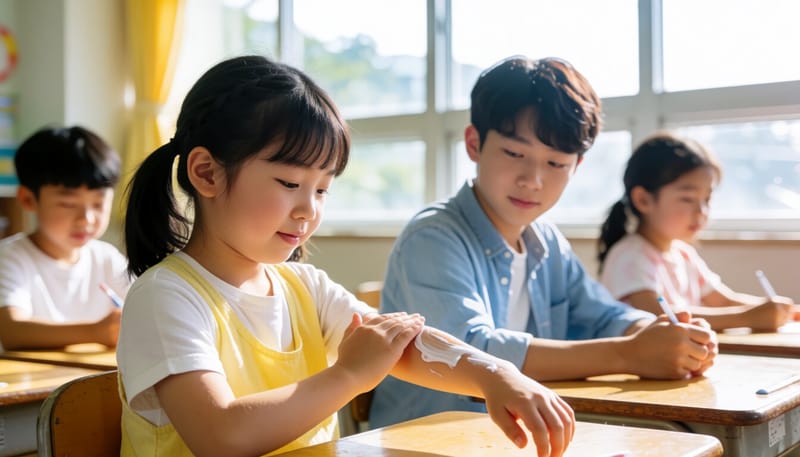 교실에서 보습제를 바르는 초등학생의 모습