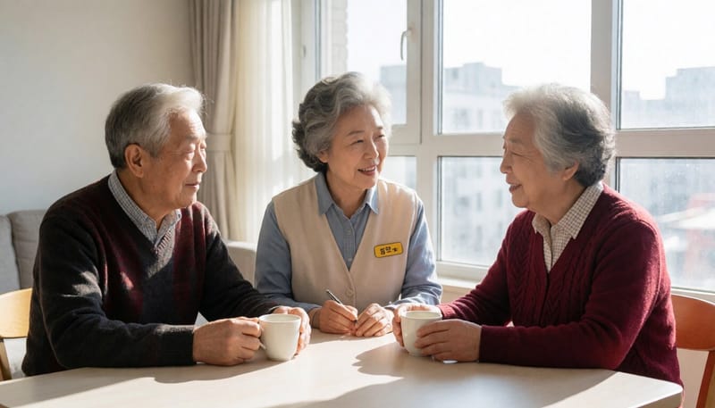 봉사자 어르신이 홀로 사는 이웃 어르신을 방문해 대화를 나누는 모습