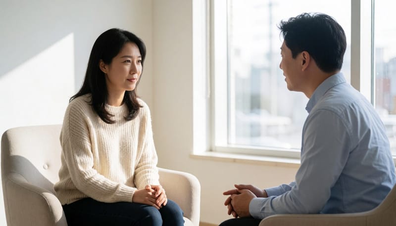 상담실에서 상담사와 마주 앉아 대화하는 여성