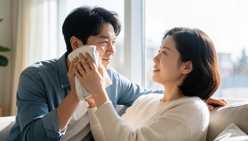 얼굴에 얼음찜질을 하며 휴식을 취하는 여성