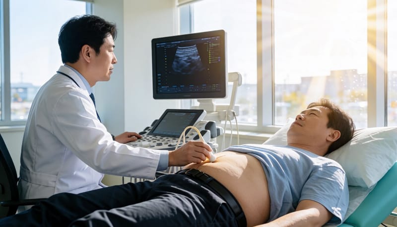 병원에서 복부 초음파 검사를 받고 있는 중년 남성 환자