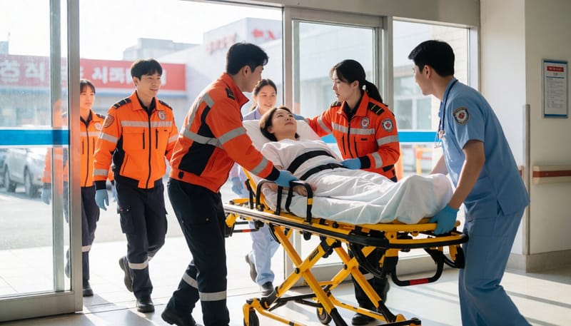 응급실로 이송되는 환자와 의료진의 모습