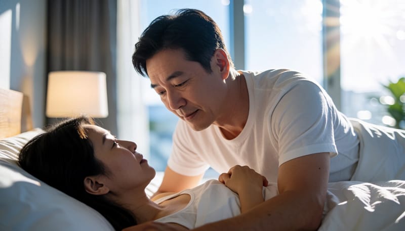 한밤중 침대에서 종아리 근육 경련으로 다리를 주무르는 남성