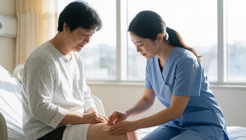 검사 후 회복 중인 환자를 살피는 간호사