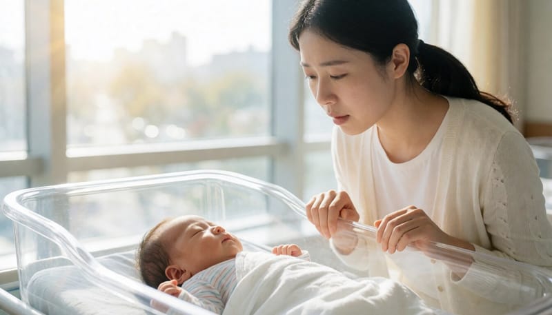 신생아를 걱정스럽게 지켜보는 엄마의 모습