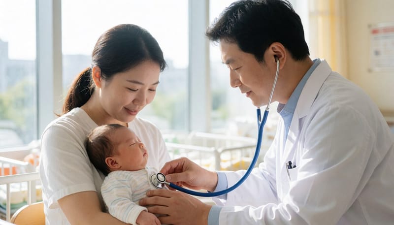 소아청소년과 의료진이 신생아의 심장 소리를 청진기로 확인하는 모습