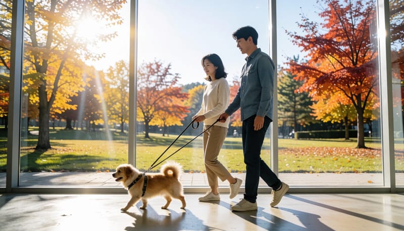 가을 공원에서 반려견과 산책하는 보호자의 모습