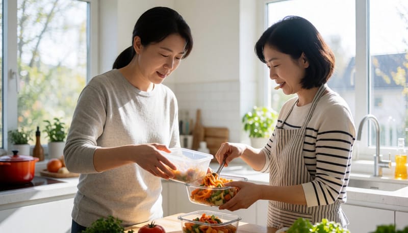플라스틱 대신 유리 용기에 음식을 옮겨 담는 모습