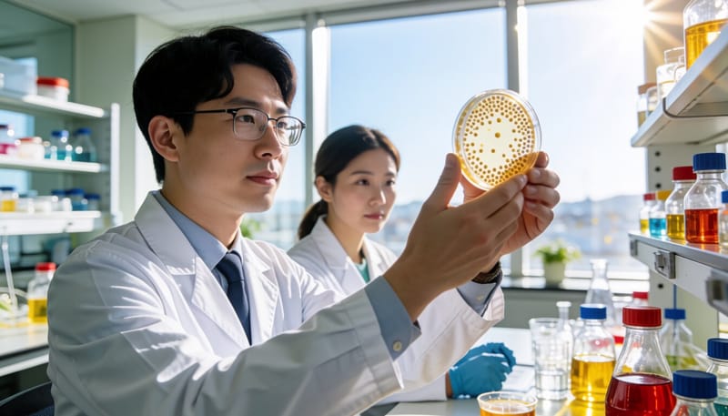 배양된 효모균을 살펴보는 연구자