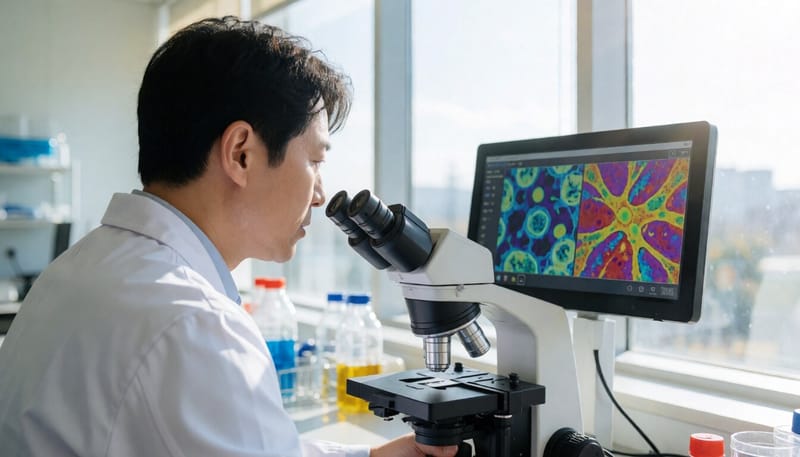 실험실에서 장내 미생물 이미지를 살펴보는 연구자