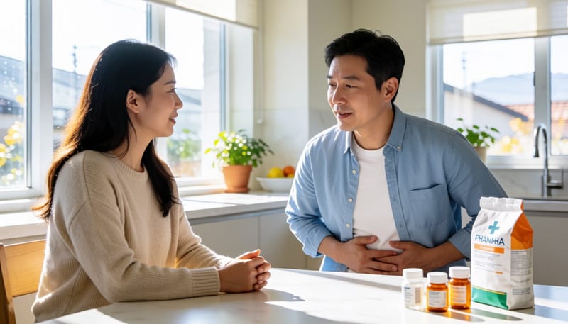 배를 움켜쥔 채 약을 앞에 두고 망설이는 남성