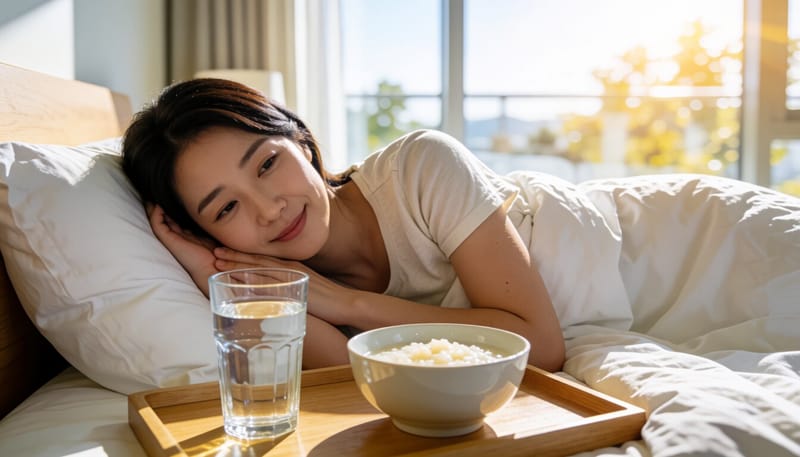 전해질 음료와 죽을 곁에 두고 휴식을 취하는 여성