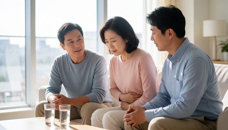 복통을 호소하며 물을 마시려는 여성의 모습