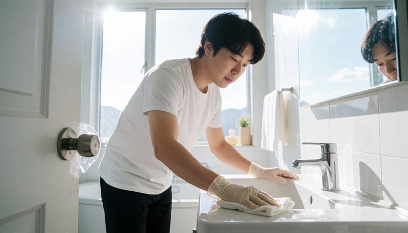 장갑을 끼고 화장실 손잡이를 소독하는 모습