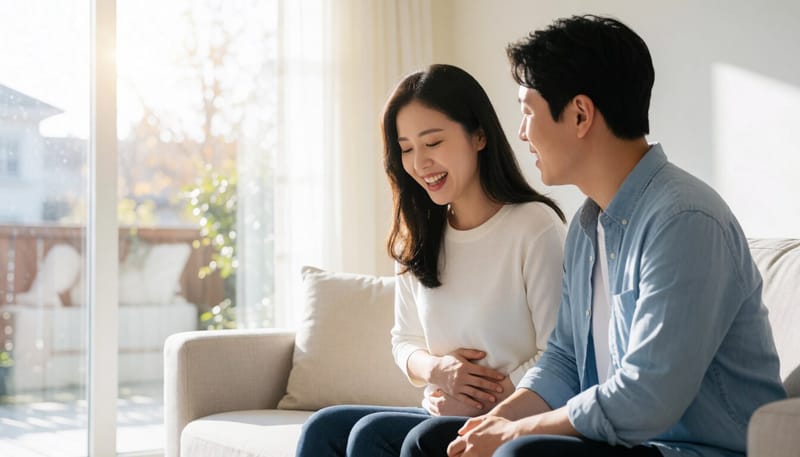 복통으로 소파에 앉아 배를 감싸쥔 여성의 모습
