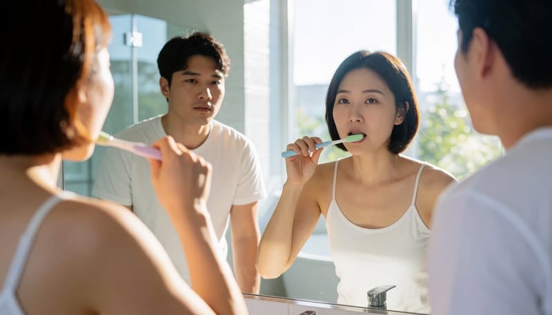 가정에서 칫솔질을 하는 여성의 모습