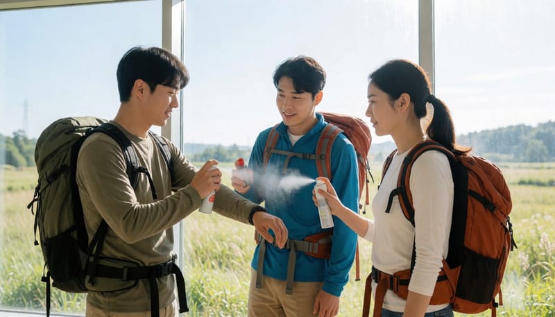 야외 활동 전 기피제를 바르는 여행객