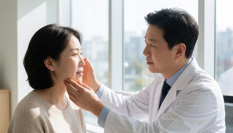 의사가 환자의 목 림프절 부위를 진찰하는 모습