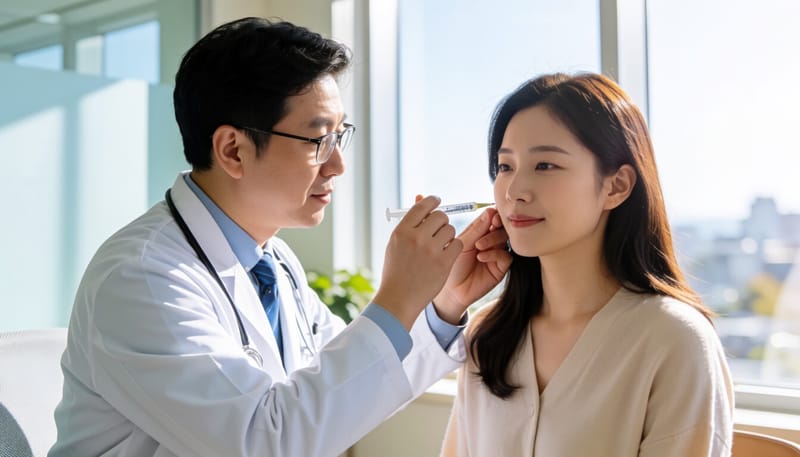 귓불 흉터에 주사 치료를 받는 모습