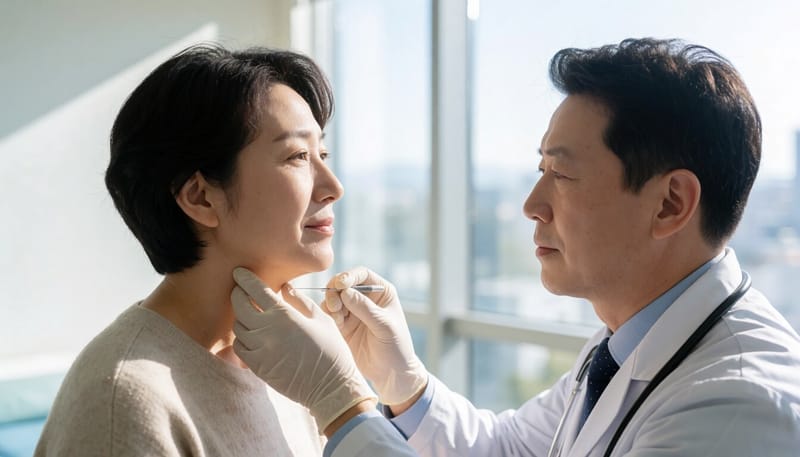 세침흡인검사를 시행하는 의료진의 손 모습