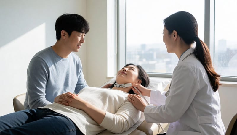 의료진이 환자의 목 부위에 갑상선 초음파 검사를 진행하는 모습