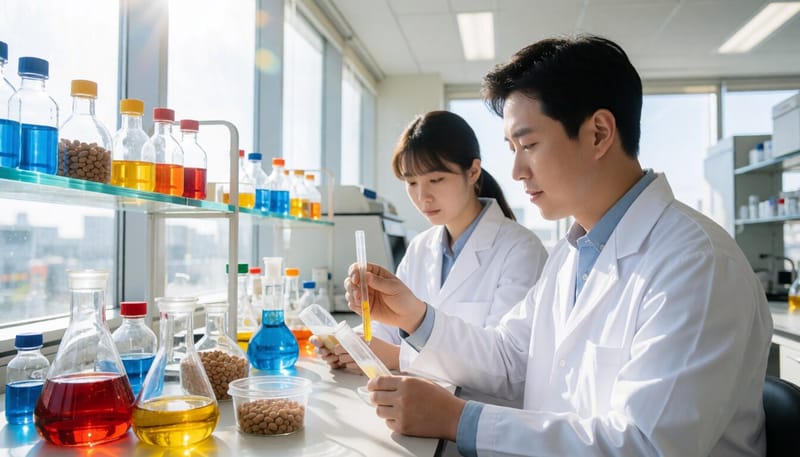 실험실에서 사료 성분을 검사하는 모습