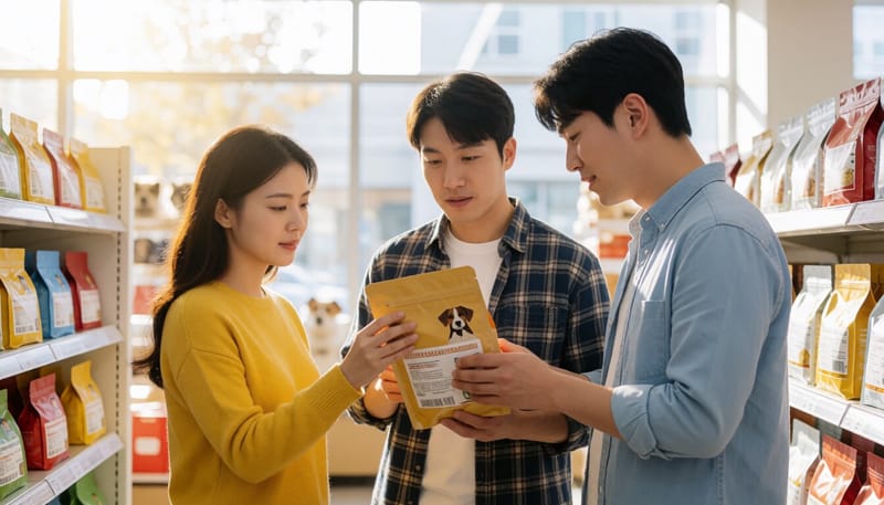 반려동물 보호자가 사료 포장지를 살펴보는 모습