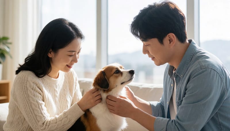 보호자가 반려견의 목 주변 피부를 살펴보는 모습
