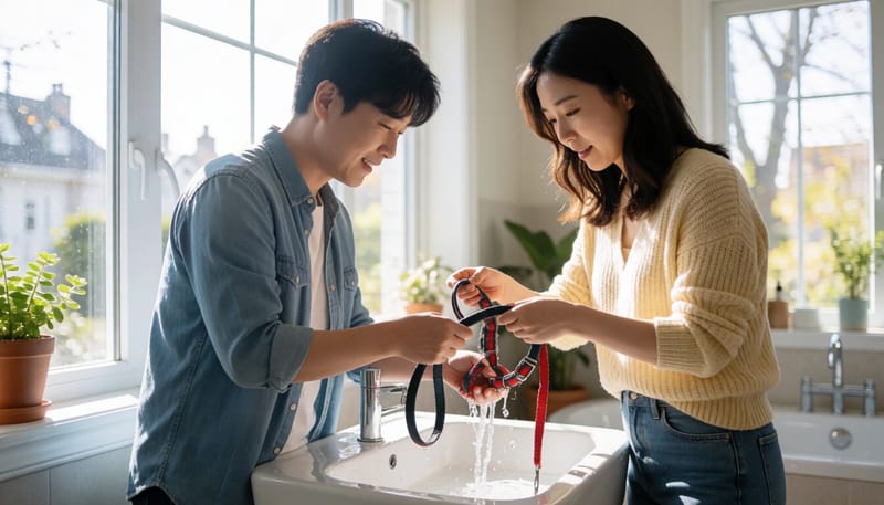 여성이 세면대에서 반려견 목줄과 하네스를 손세탁하는 모습