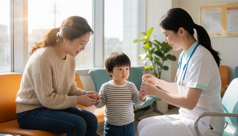 소아과에서 예방접종을 기다리는 어린이와 보호자