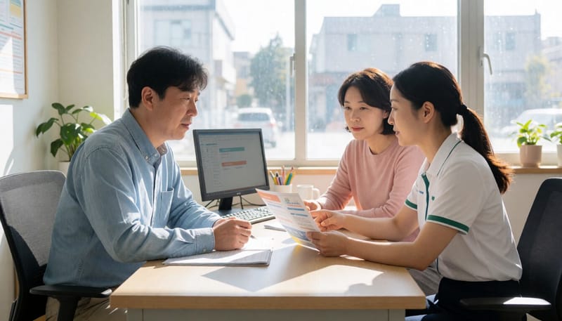 복지관에서 가족에게 통합돌봄 서비스를 상담하는 직원