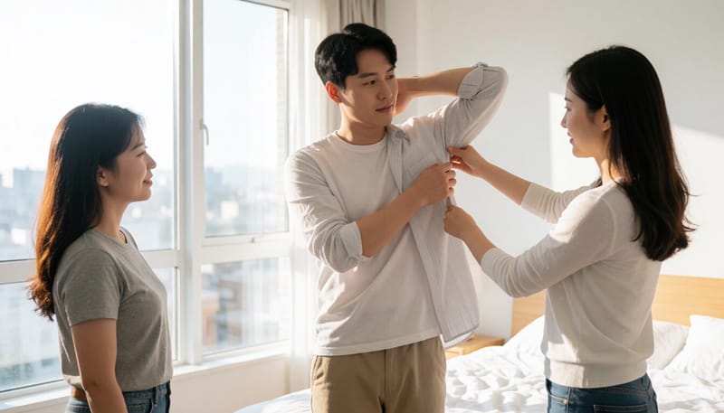 옷의 겨드랑이 부분을 살펴보는 남성
